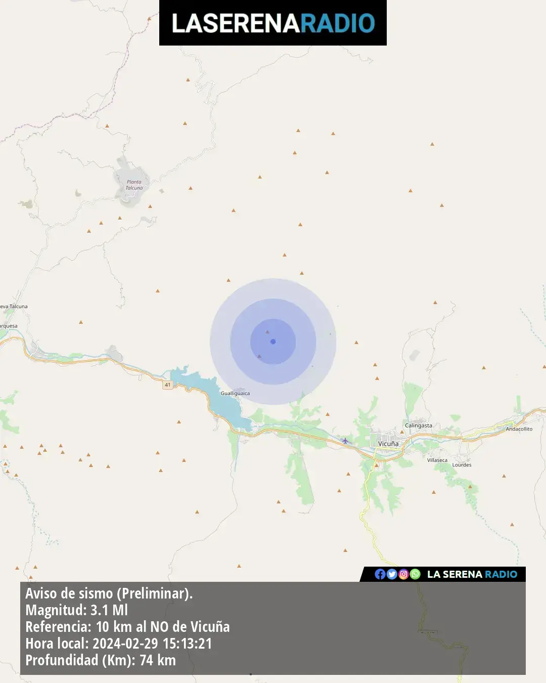 Sismo de menor intensidad a 10 kilómetros al noroeste de Vicuña