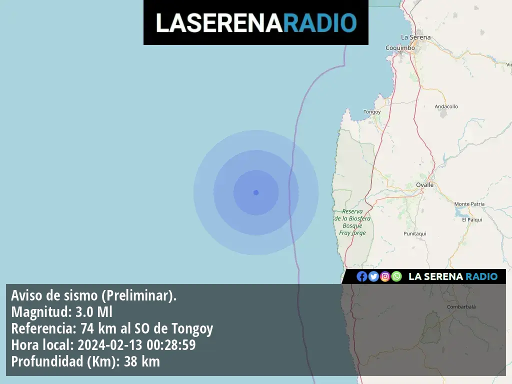 Sismo de menor intensidad a 74 kilómetros al suroeste de Tongoy