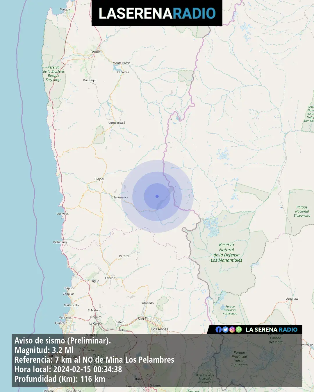 Sismo de menor intensidad a 7 kilómetros al noroeste de Mina Los Pelambres