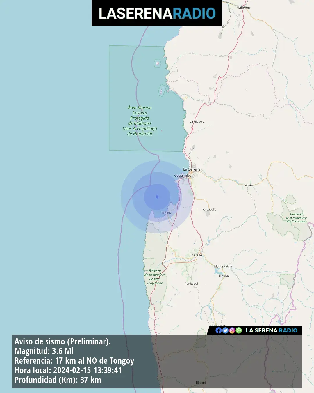 Sismo de menor intensidad a 17 kilómetros al noroeste de Tongoy