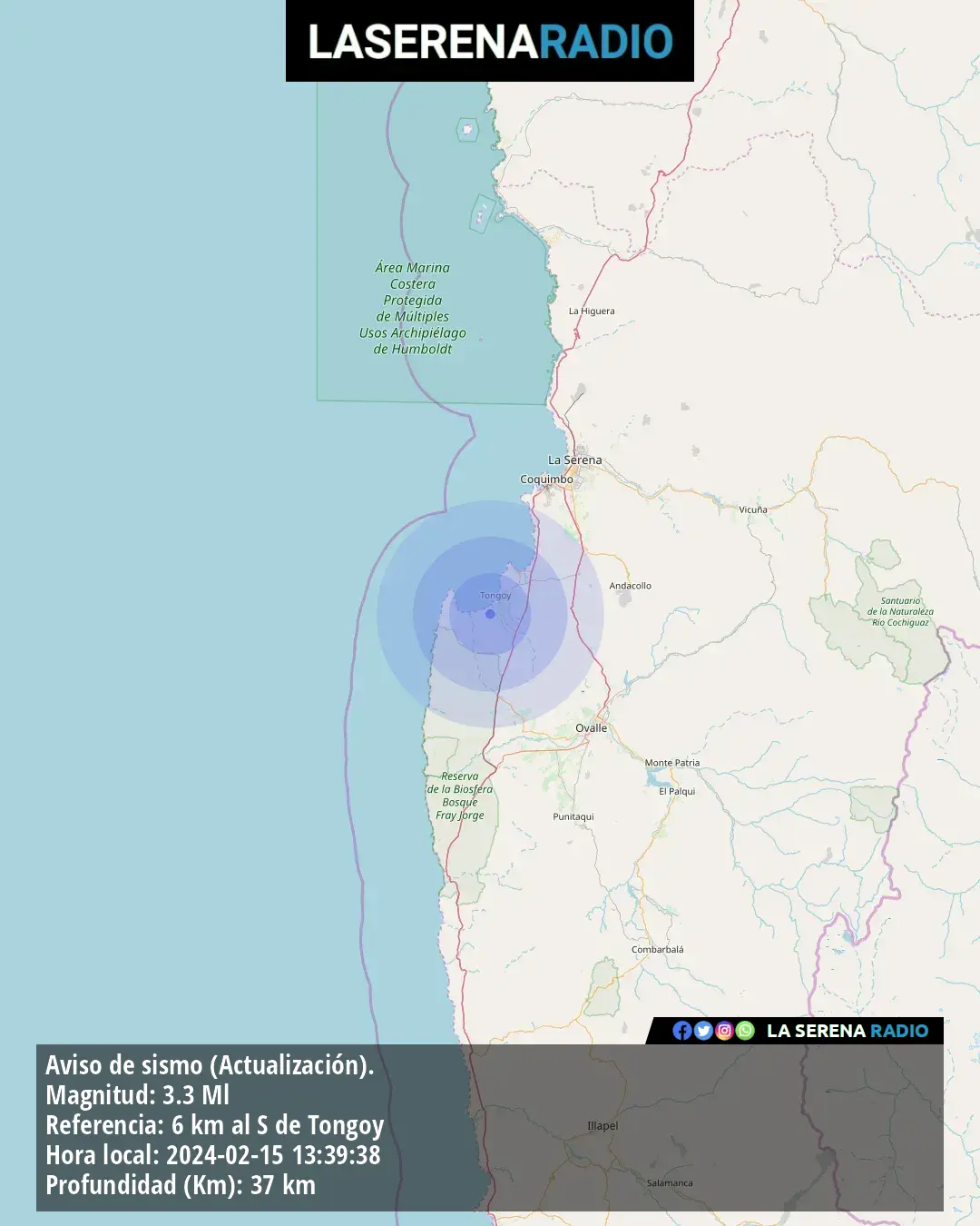 Sismo de menor intensidad a 6 kilómetros al sur de Tongoy