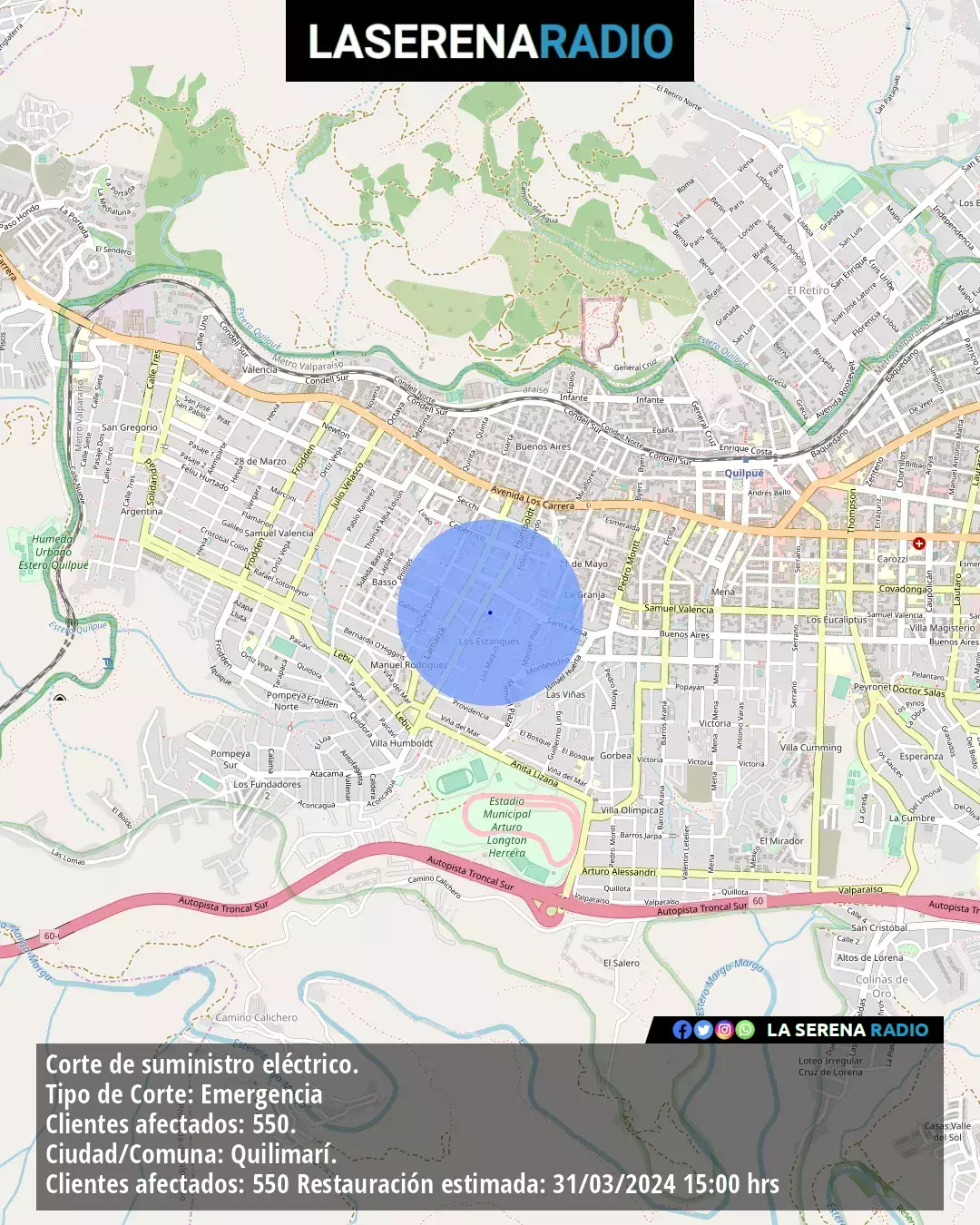 Corte de suministro de agua potable en Quilpue