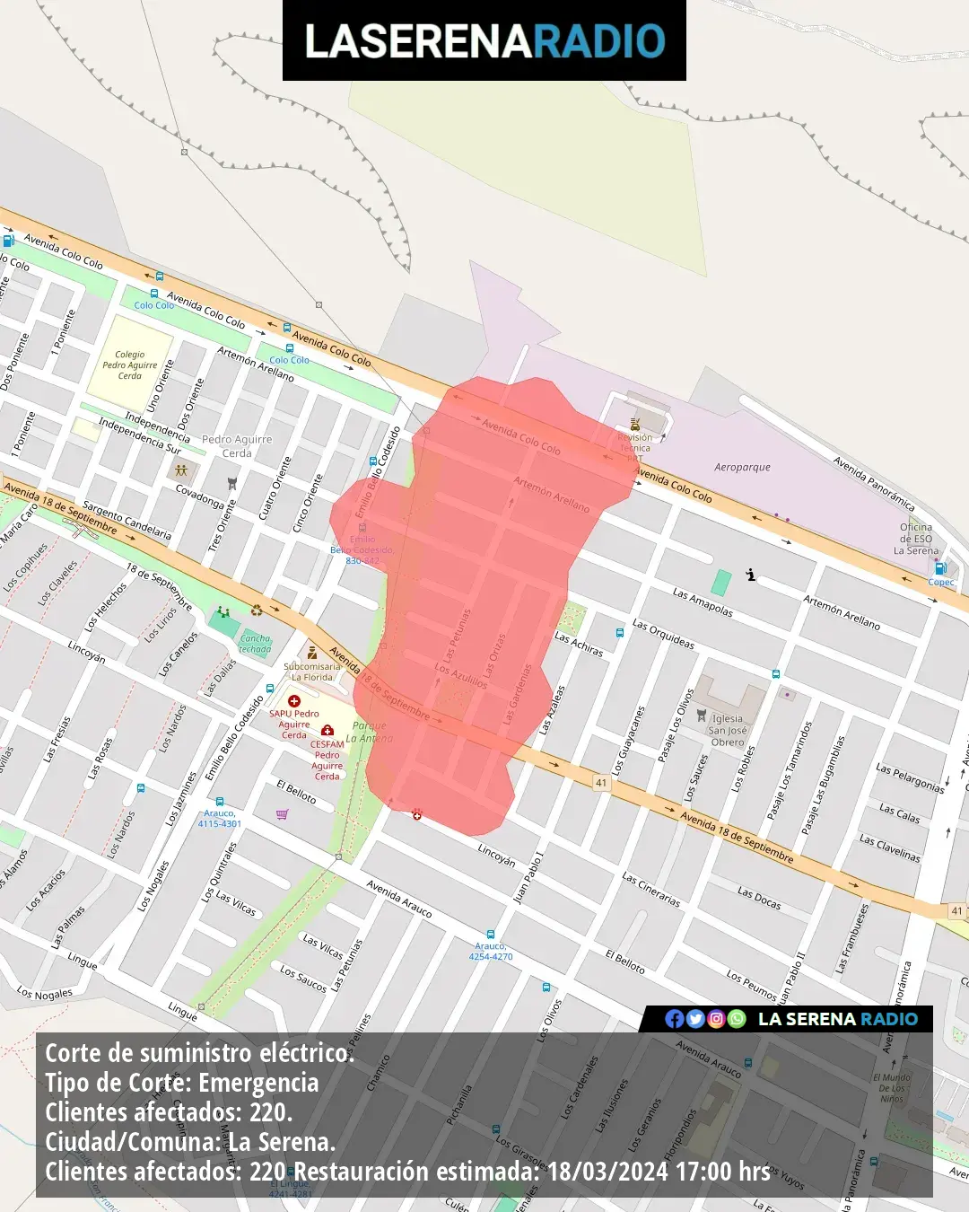 Corte de suministro eléctrico afecta a 220 clientes en La Serena