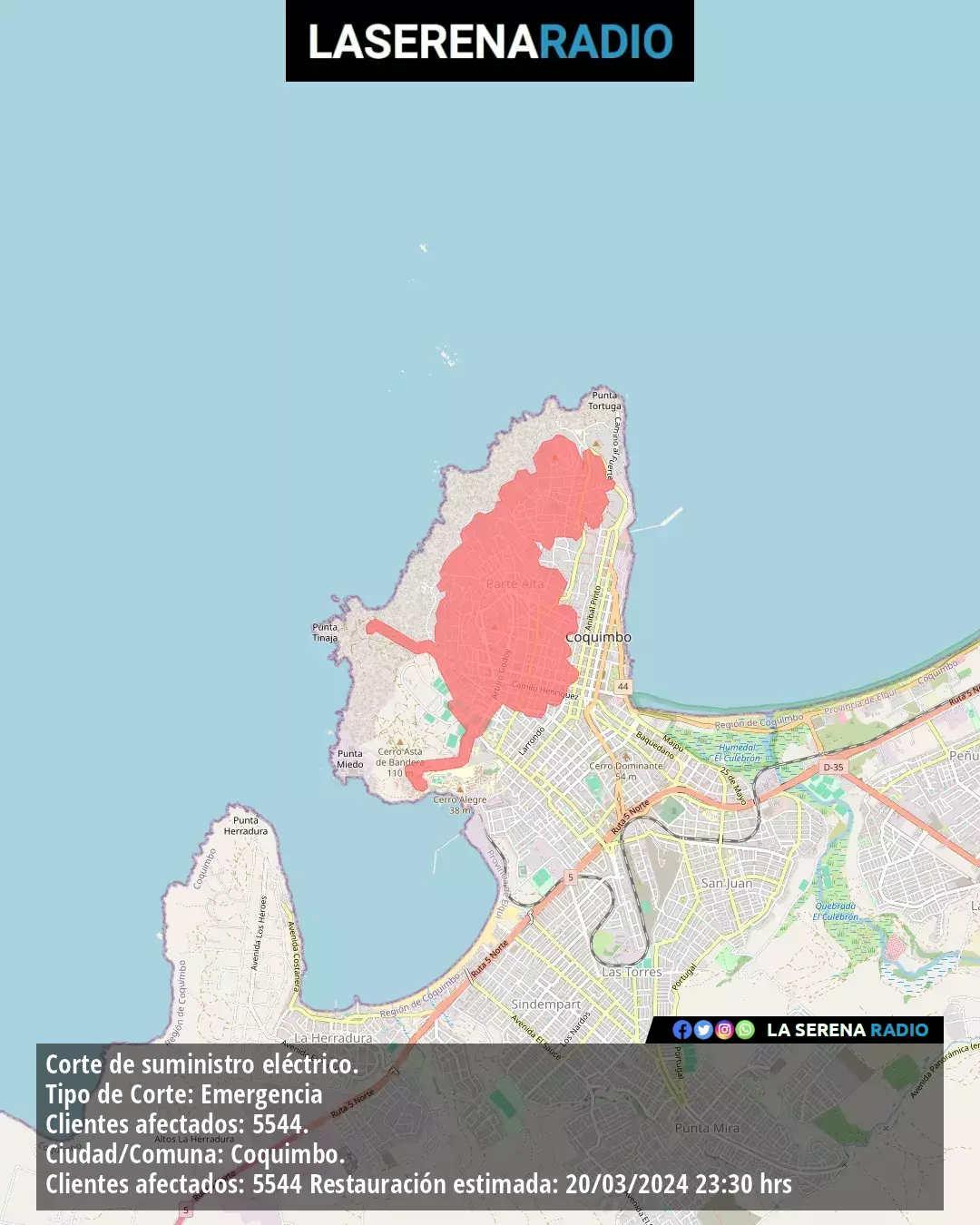 Corte de suministro eléctrico afecta a 5544 clientes en Coquimbo