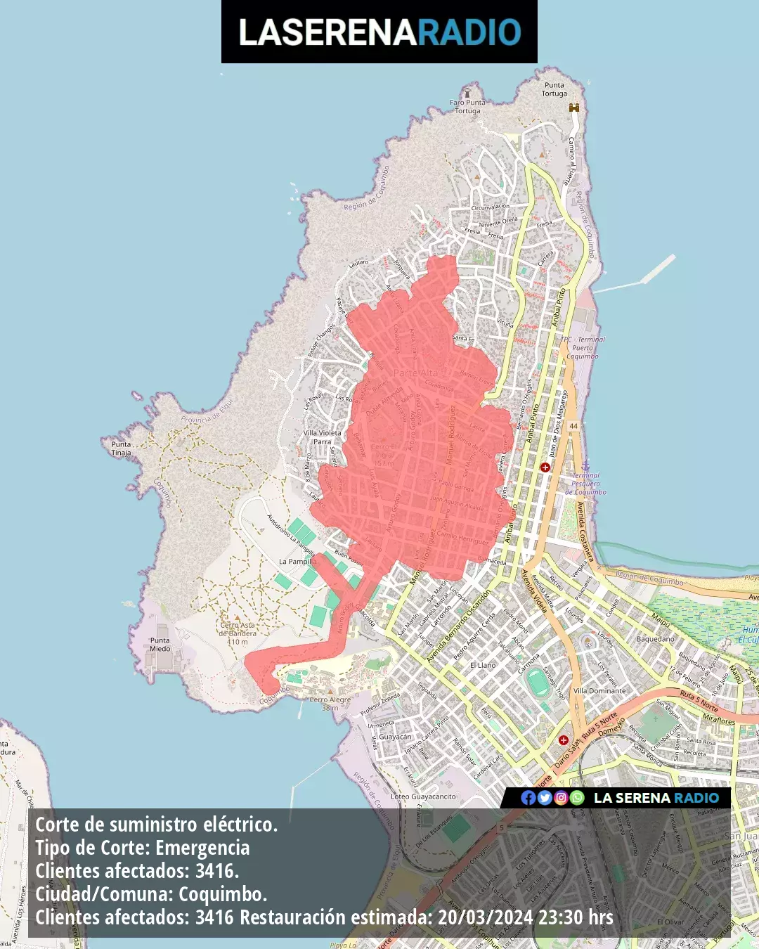 Corte de suministro eléctrico afecta a 3416 clientes en Coquimbo