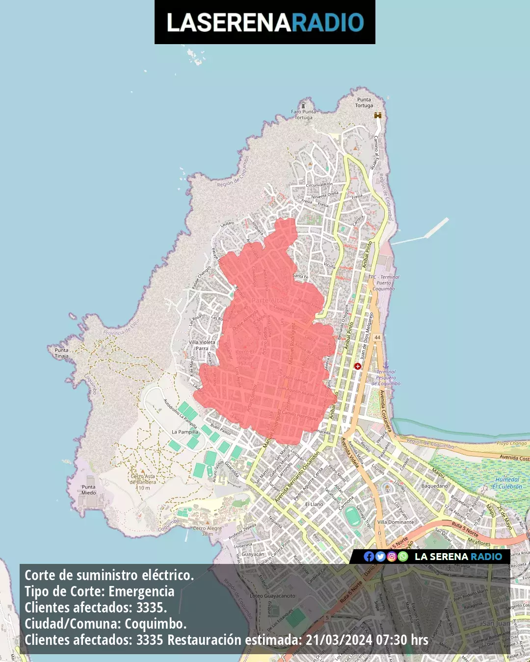 Corte de suministro eléctrico afecta a 3335 clientes en Coquimbo