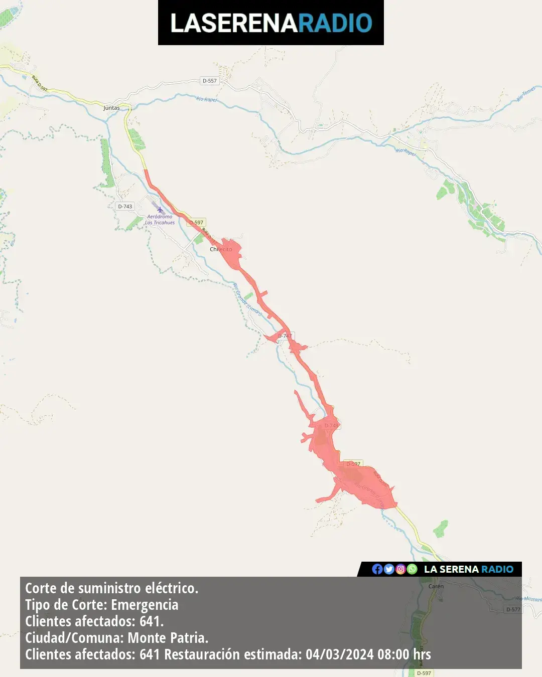 Corte de suministro eléctrico afecta a 641 clientes en Monte Patria