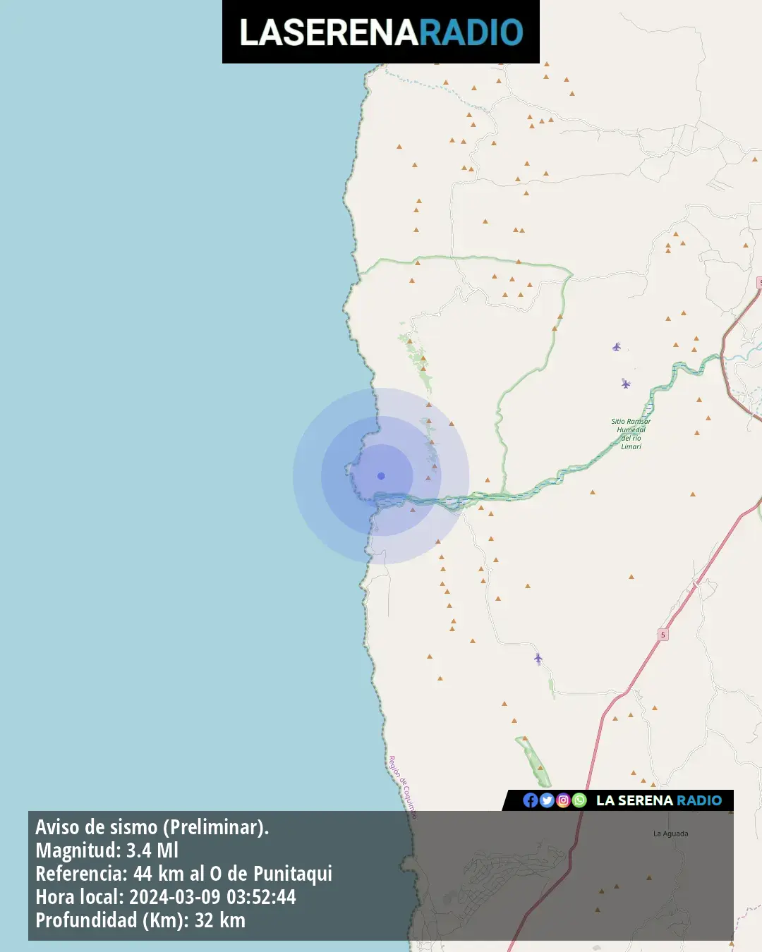 Sismo de menor intensidad a 44 kilómetros al oeste de Punitaqui