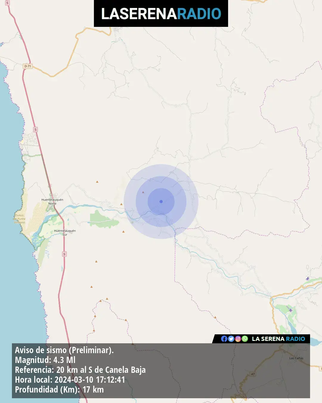 Sismo de mediana intensidad a 20 kilómetros al sur de Canela Baja