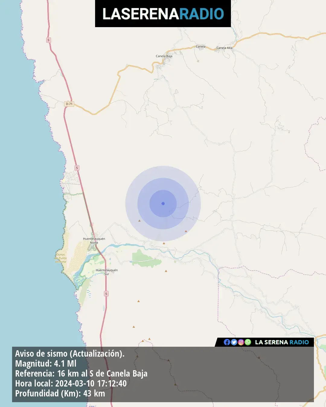 Sismo de mediana intensidad a 16 kilómetros al sur de Canela Baja