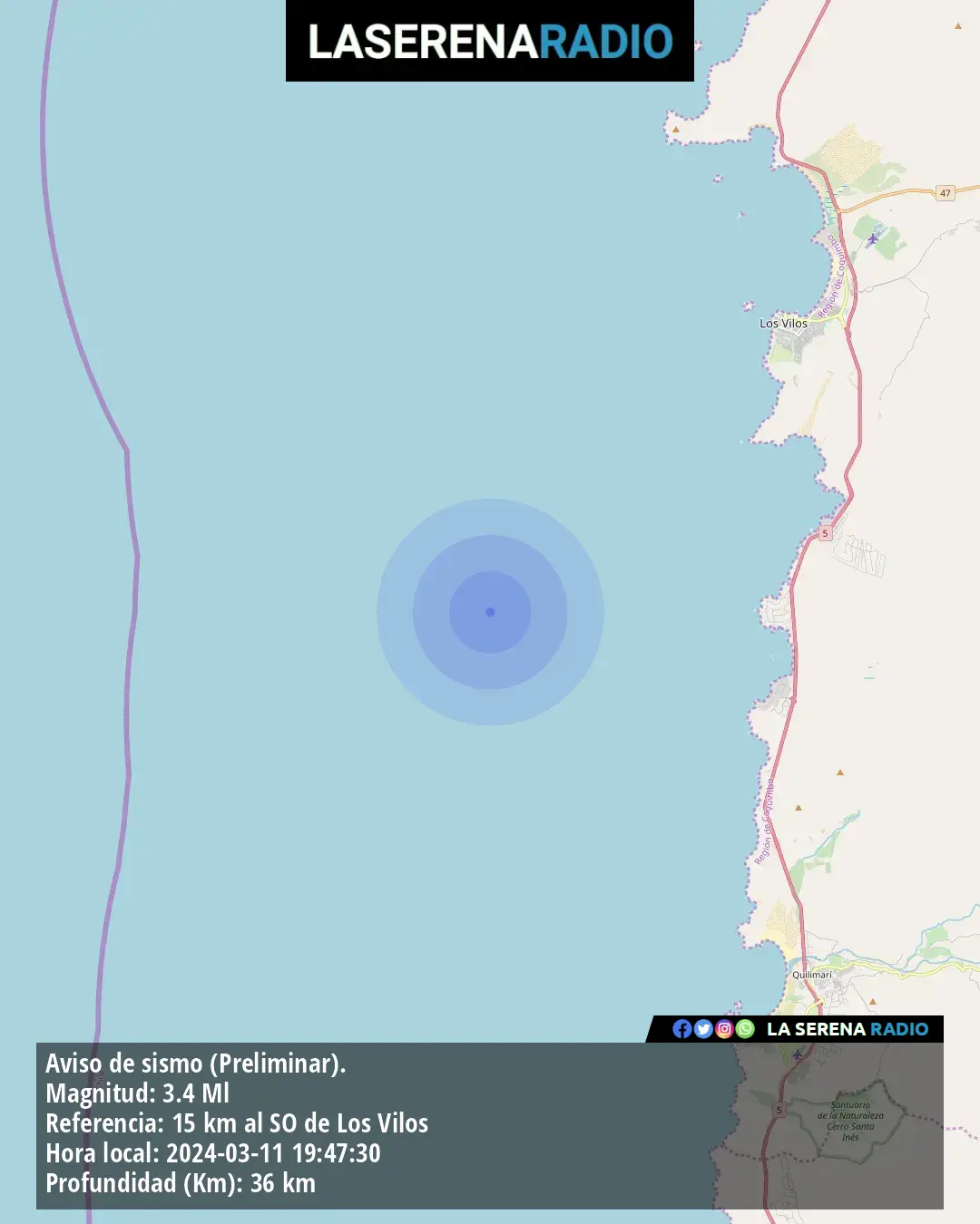 Sismo de menor intensidad a 15 kilómetros al suroeste de Los Vilos