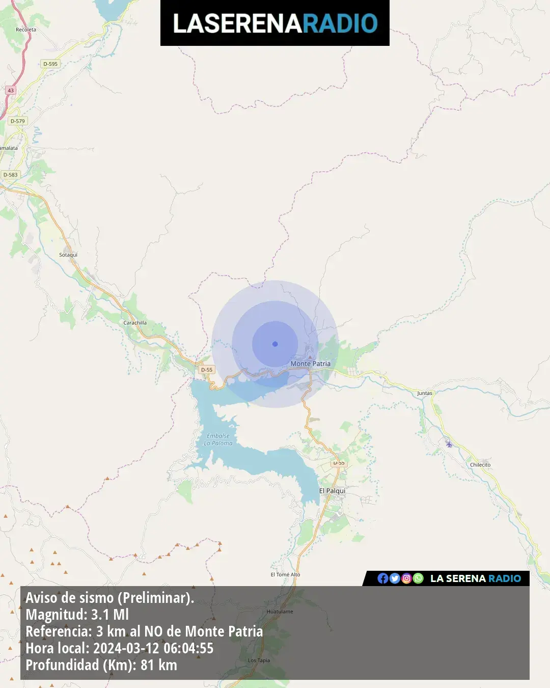 Sismo de menor intensidad a 3 kilómetros al noroeste de Monte Patria