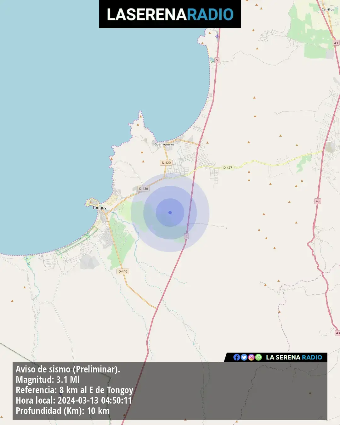 Sismo de menor intensidad a 8 kilómetros al este de Tongoy