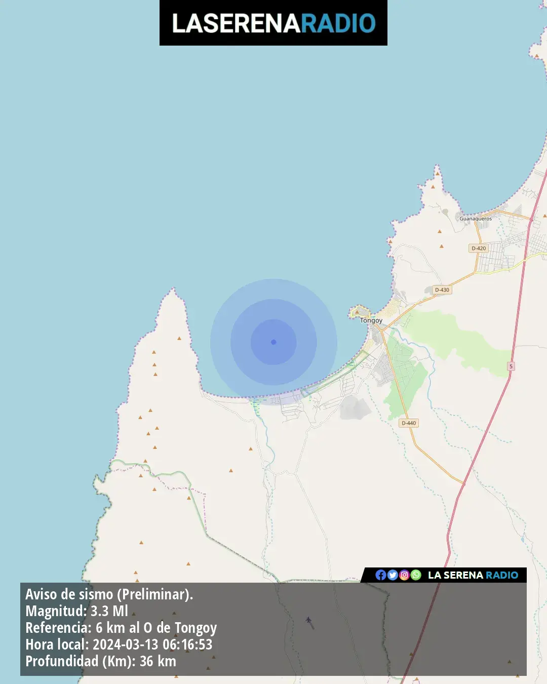 Sismo de menor intensidad a 6 kilómetros al oeste de Tongoy