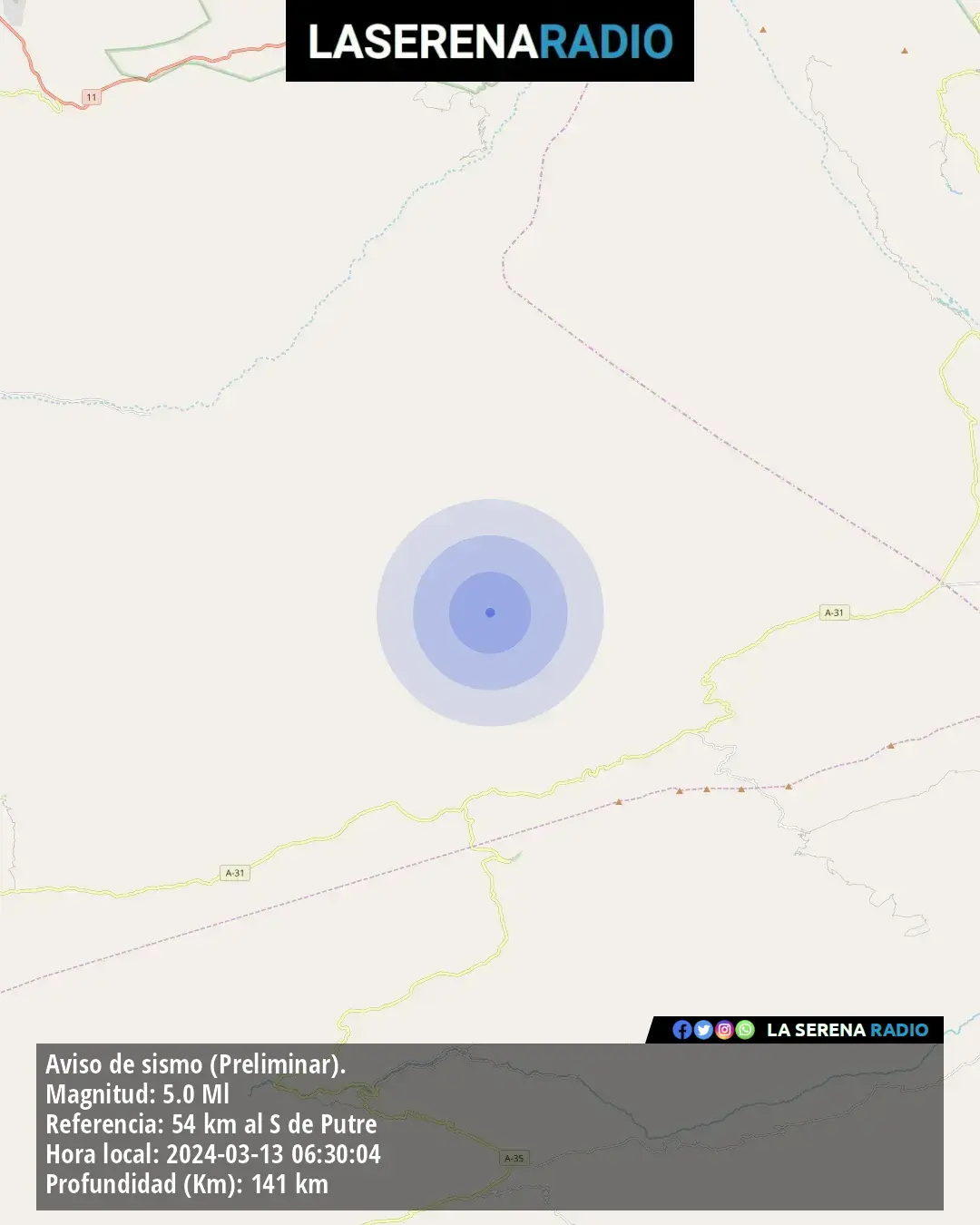 Sismo de mediana intensidad a 54 kilómetros al sur de Putre