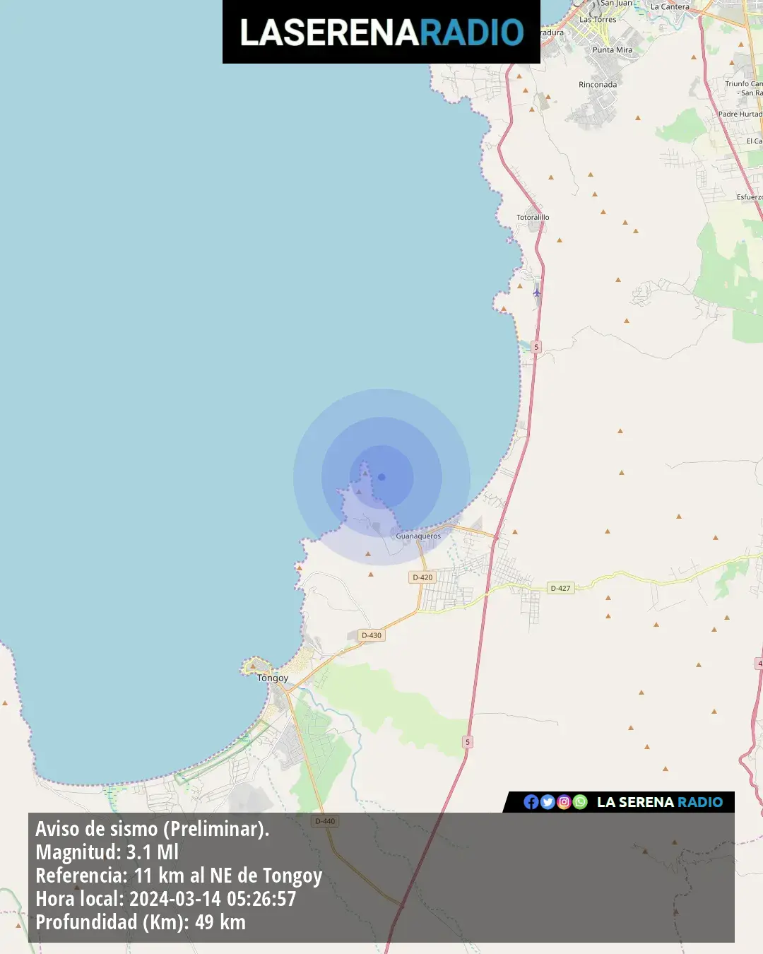 Sismo de menor intensidad a 11 kilómetros al noreste de Tongoy