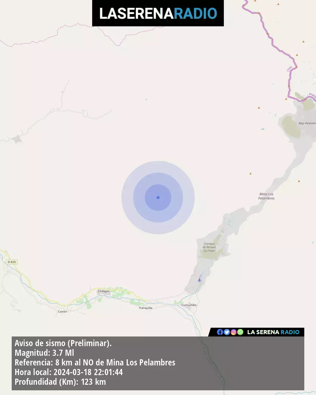 Sismo de menor intensidad a 8 kilómetros al noroeste de Mina Los Pelambres