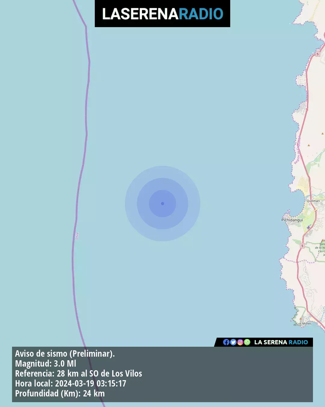 Sismo de menor intensidad a 28 kilómetros al suroeste de Los Vilos