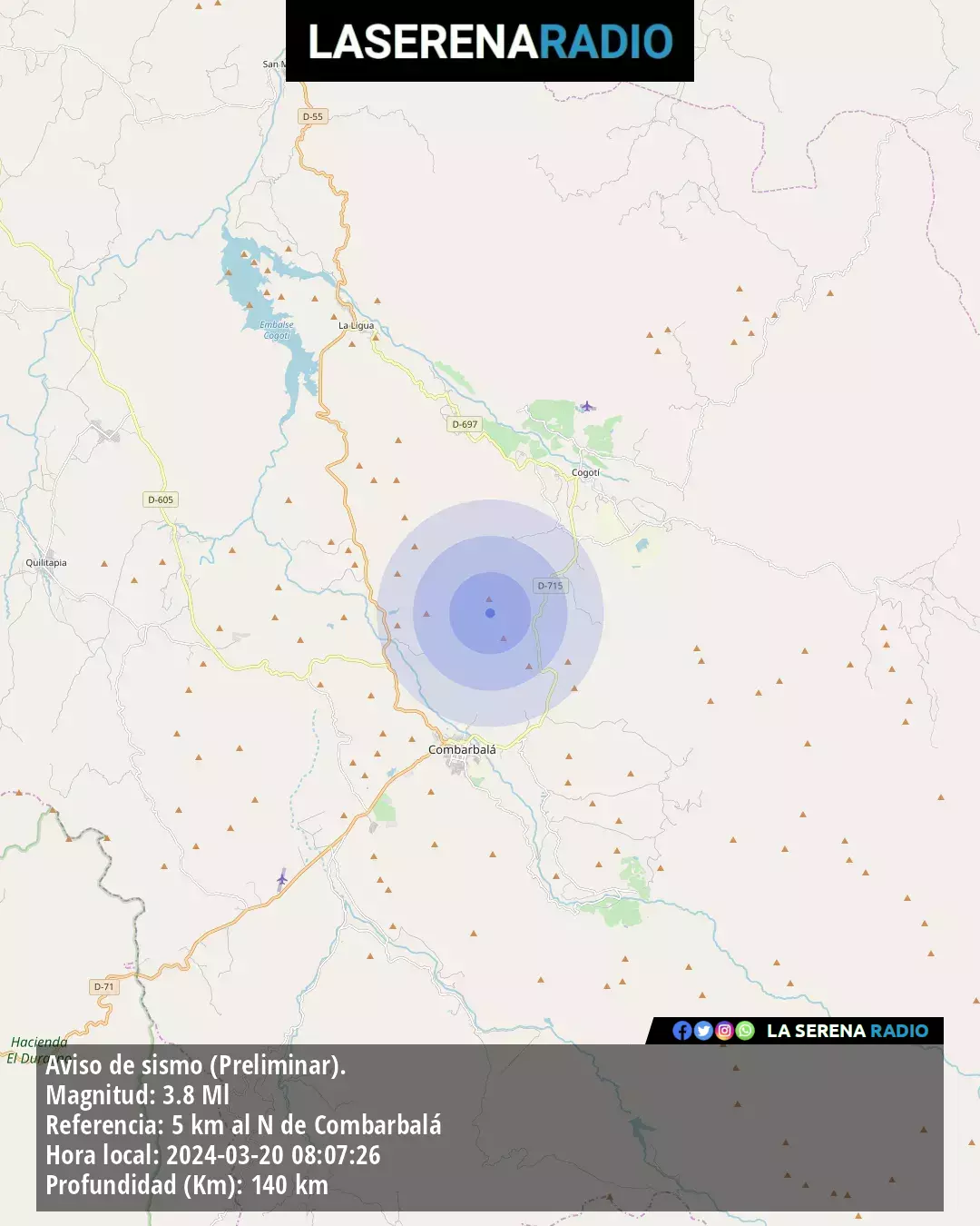 Sismo de menor intensidad a 5 kilómetros al norte de Combarbalá