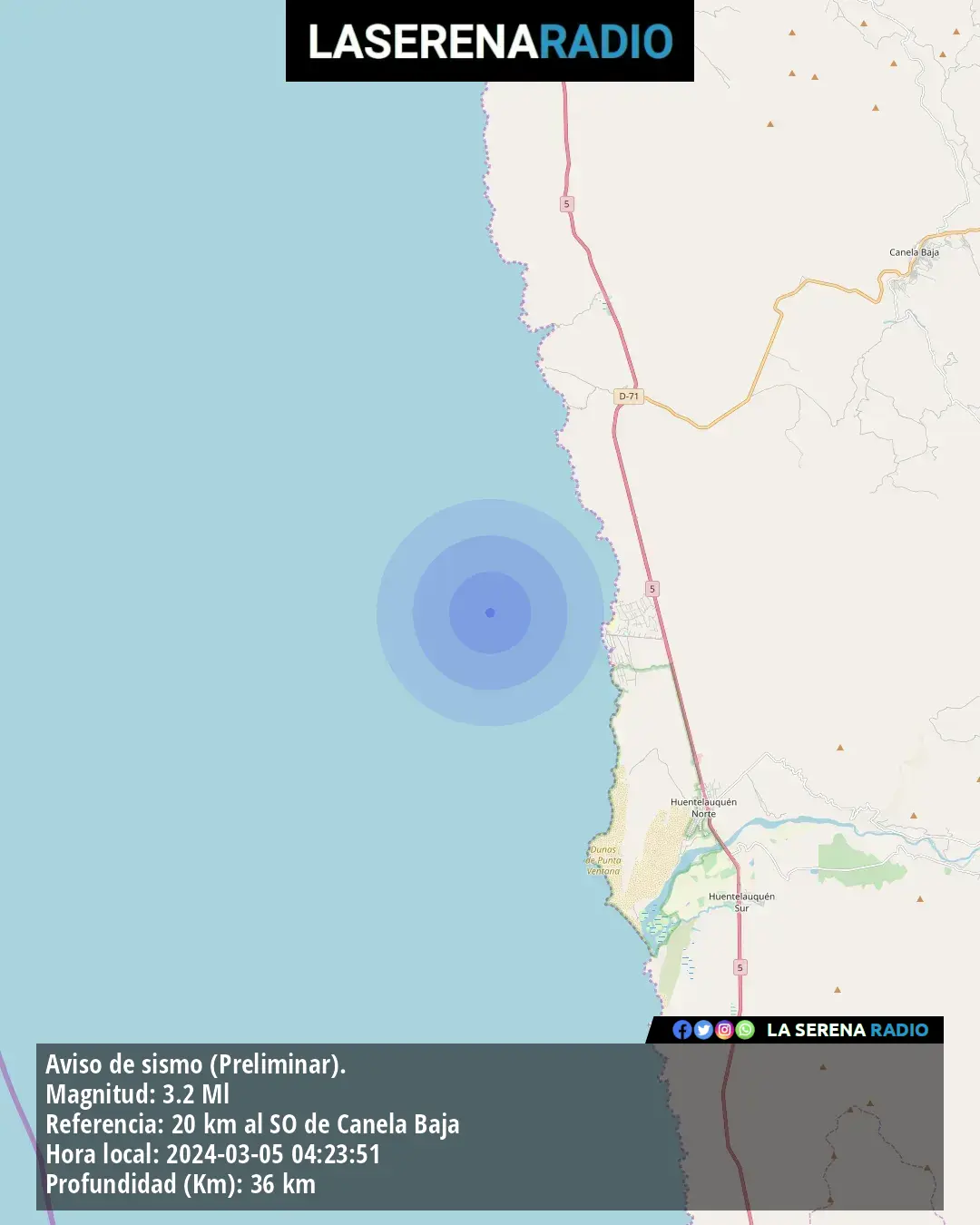 Sismo de menor intensidad a 20 kilómetros al suroeste de Canela Baja