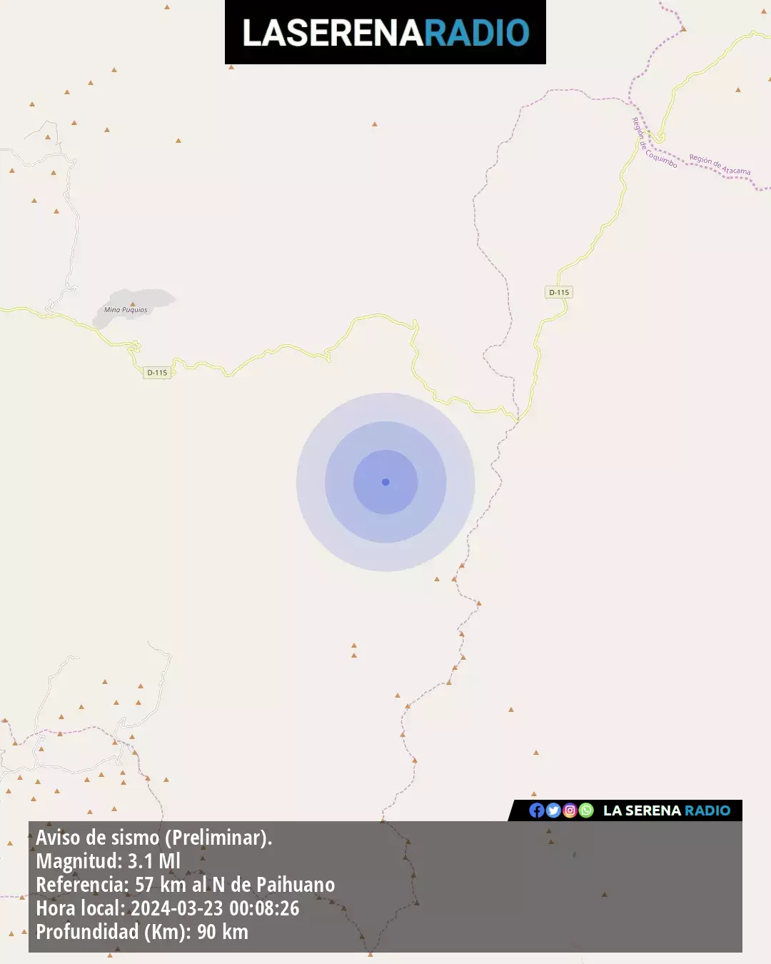 Sismo de menor intensidad a 57 kilómetros al norte de Paihuano