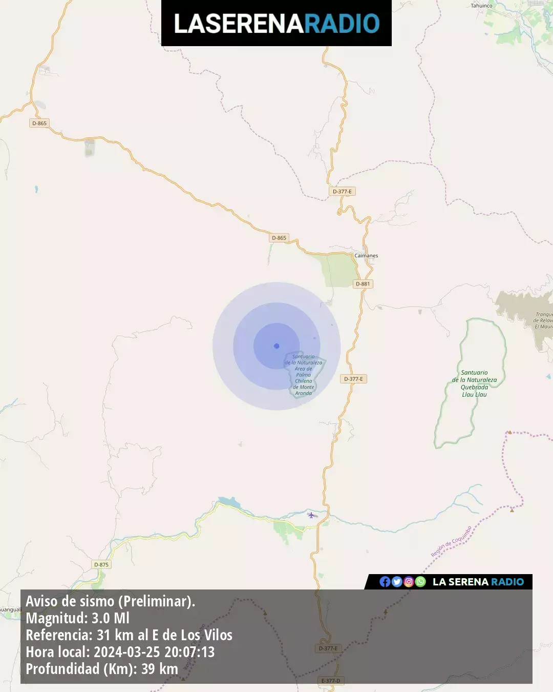 Sismo de menor intensidad a 31 kilómetros al este de Los Vilos