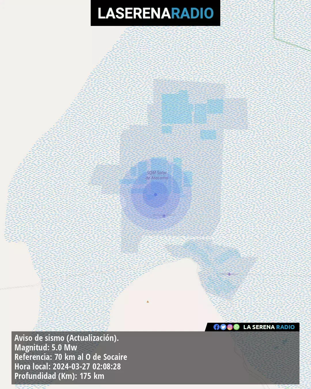 Sismo de mediana intensidad a 51 kilómetros al oeste de Socaire