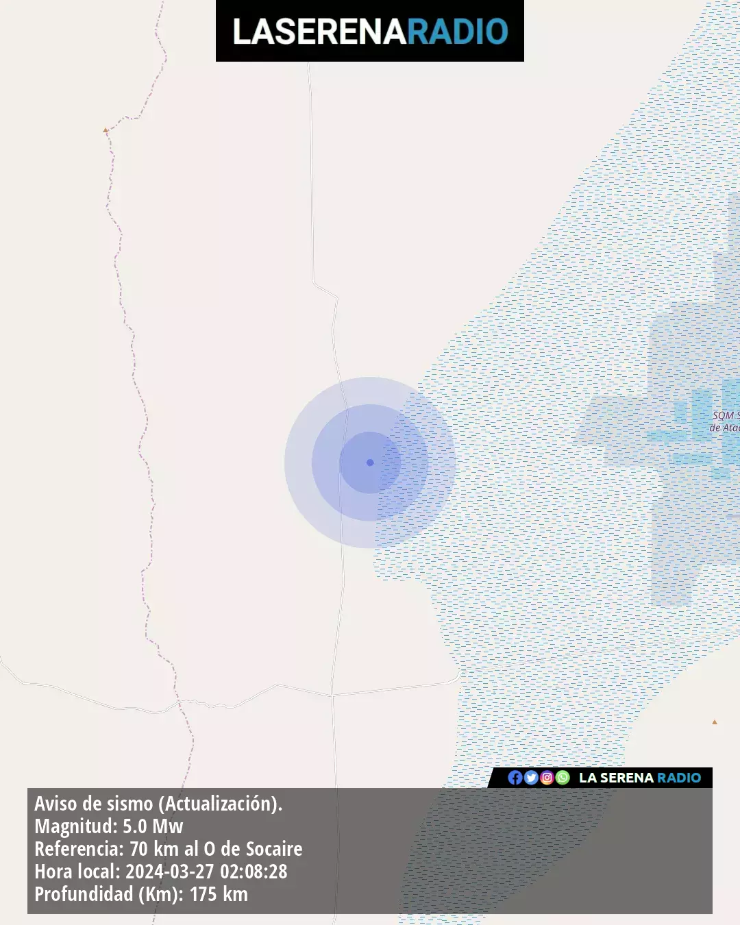 Sismo de mediana intensidad a 70 kilómetros al oeste de Socaire