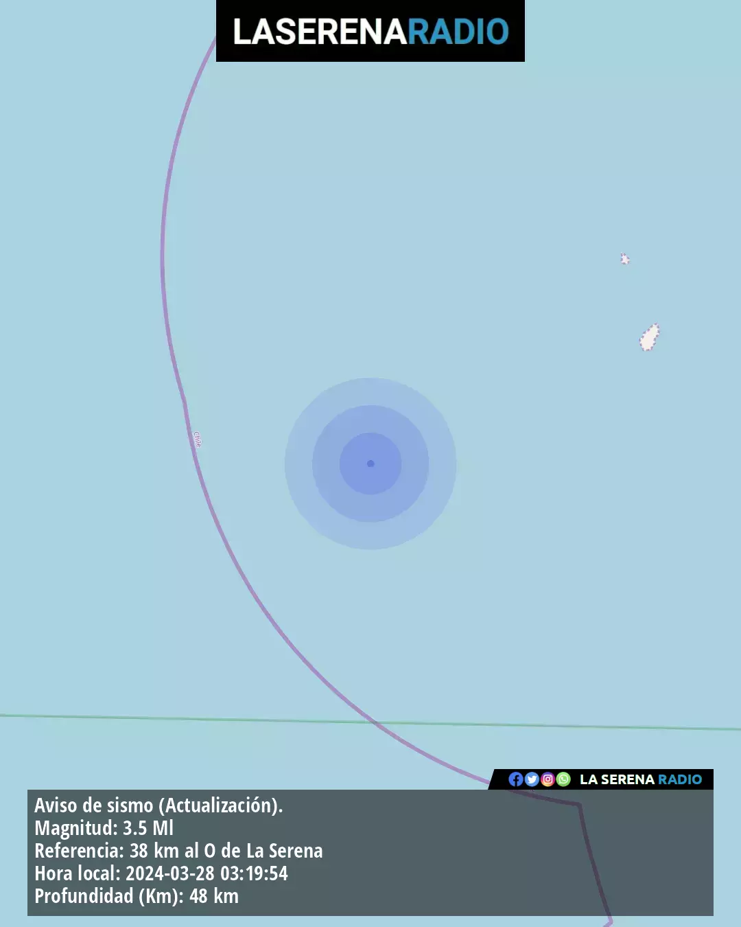 Sismo de menor intensidad a 48 kilómetros al oeste de La Higuera