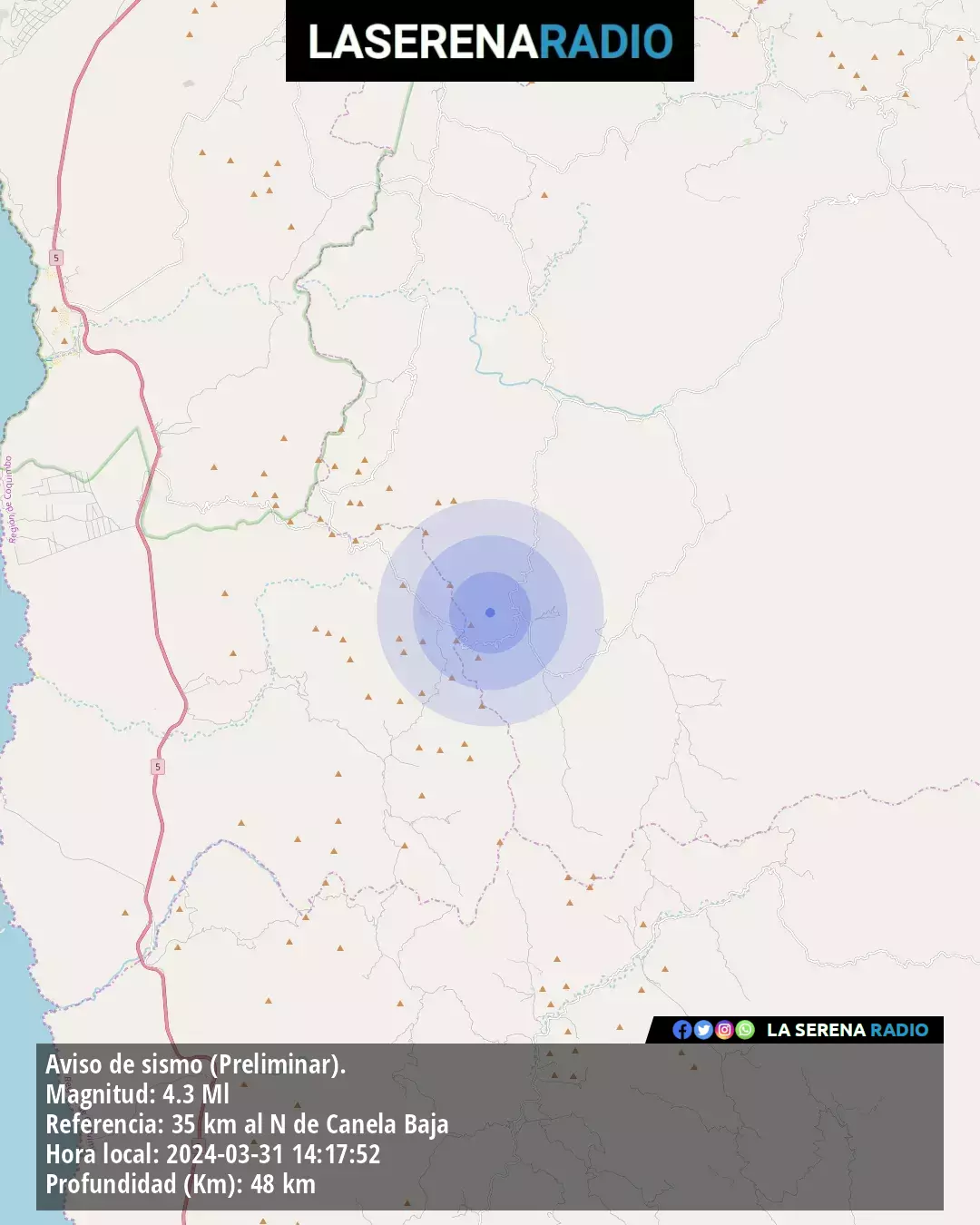 Sismo de mediana intensidad a 35 kilómetros al norte de Canela Baja