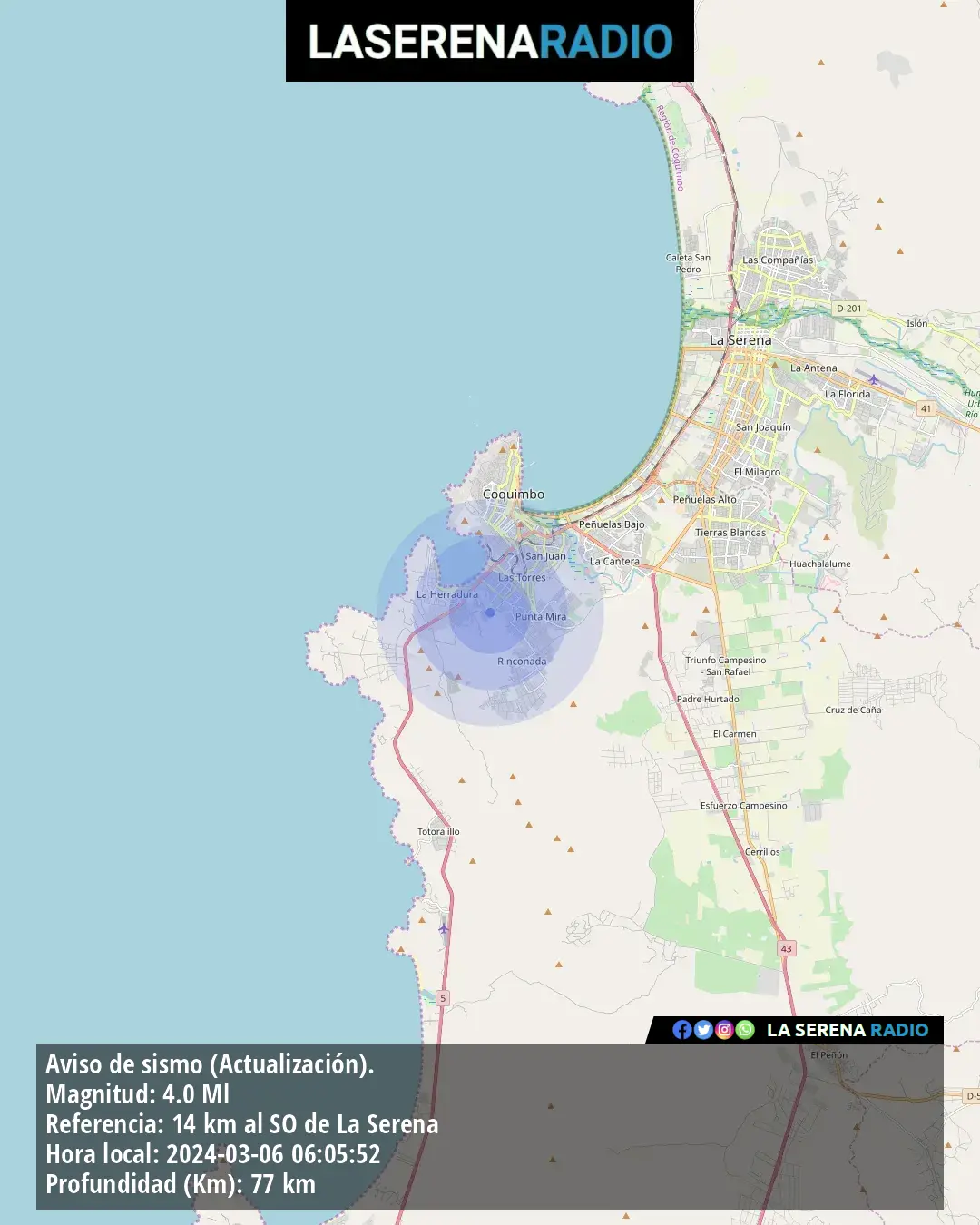 Sismo de mediana intensidad a 14 kilómetros al suroeste de La Serena