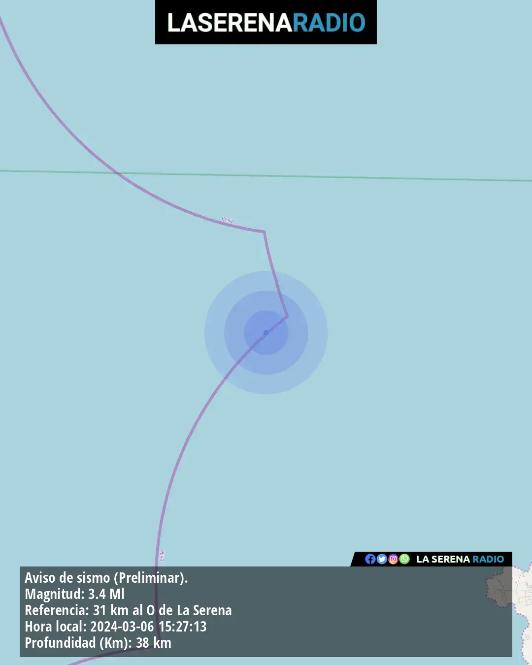 Sismo de menor intensidad a 31 kilómetros al oeste de La Serena