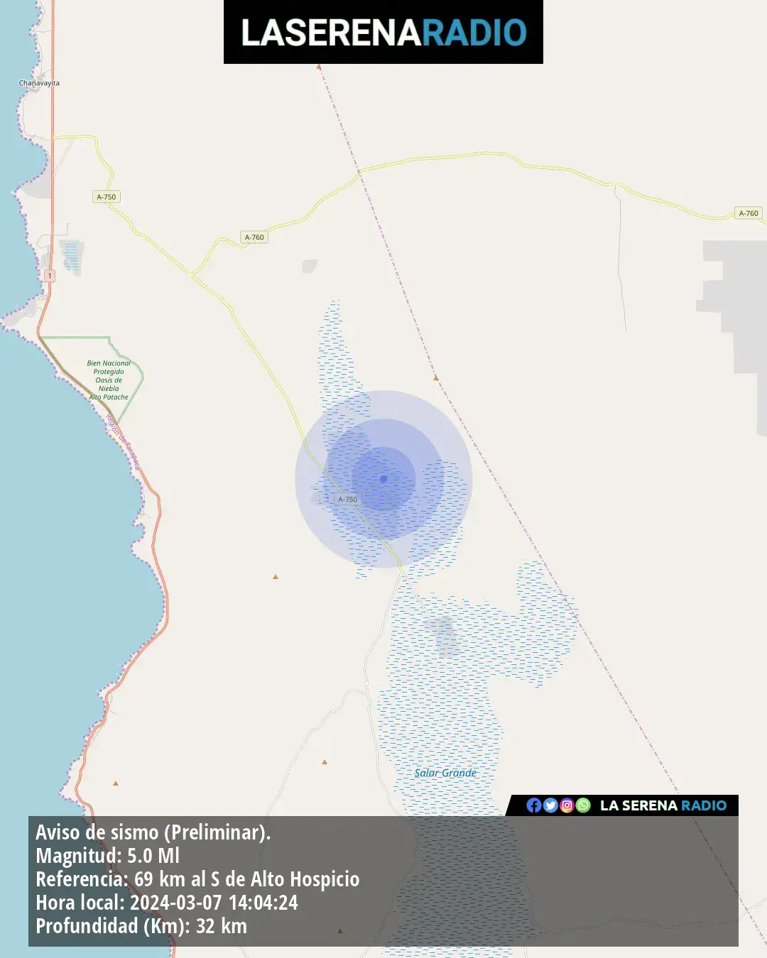 Sismo de mediana intensidad a 69 kilómetros al sur de Alto Hospicio