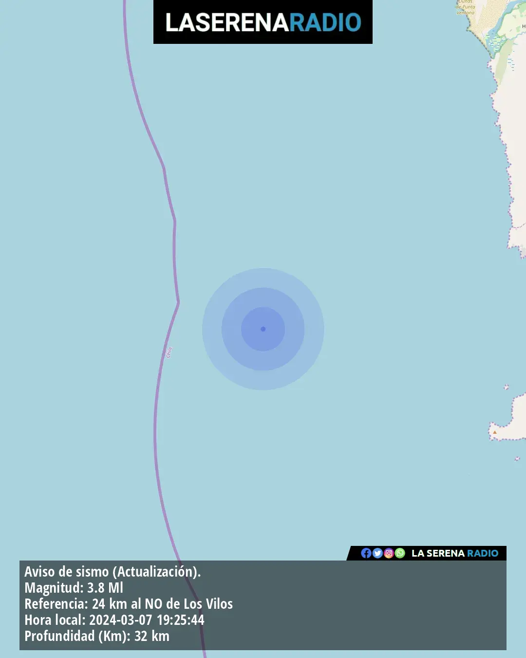 Sismo de menor intensidad a 24 kilómetros al noroeste de Los Vilos