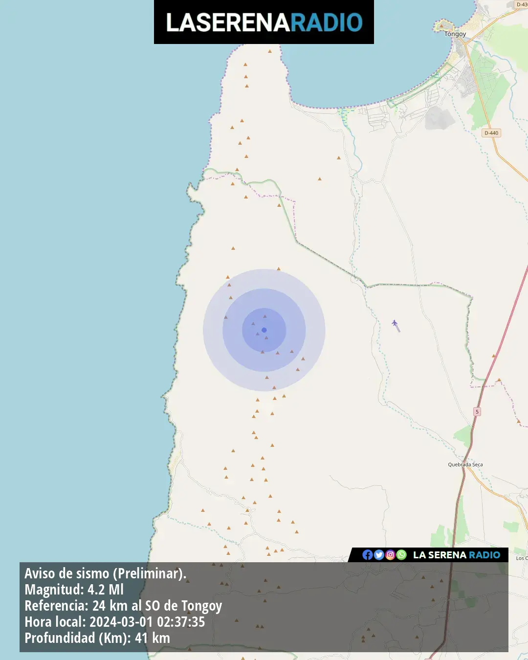 Sismo de mediana intensidad a 24 kilómetros al suroeste de Tongoy