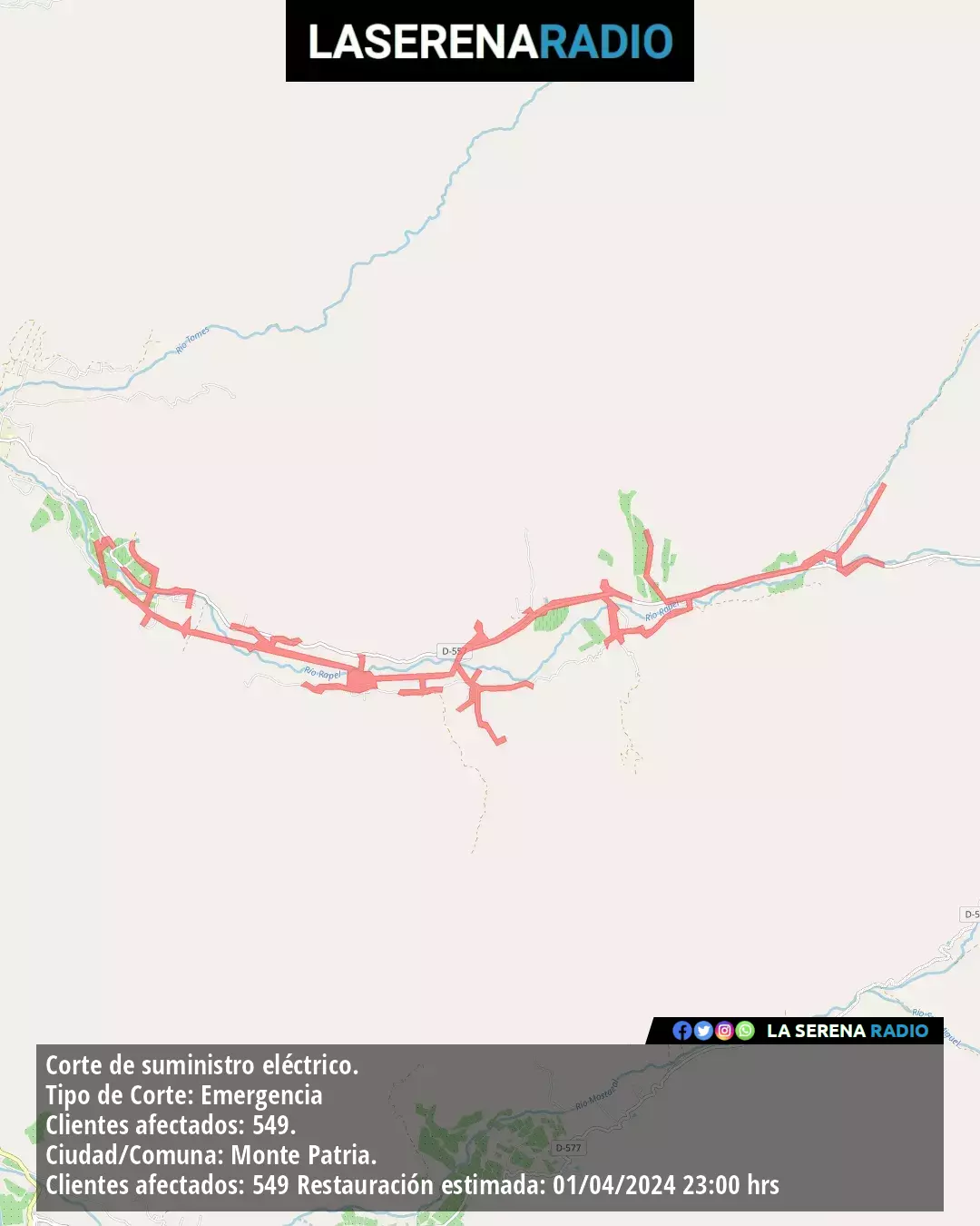 Corte de suministro eléctrico afecta a 549 clientes en Monte Patria