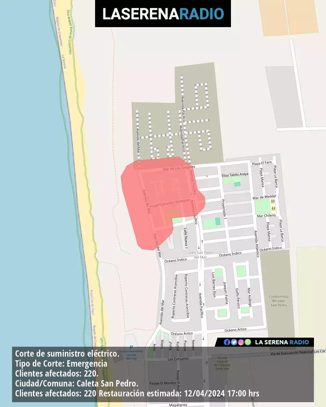 Corte de suministro eléctrico afecta a 220 clientes en Caleta San Pedro