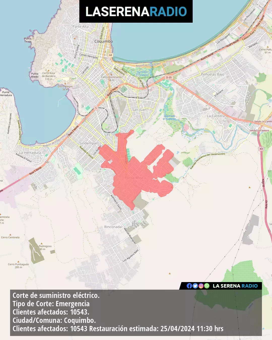 Corte de suministro eléctrico afecta a 10543 clientes en Coquimbo