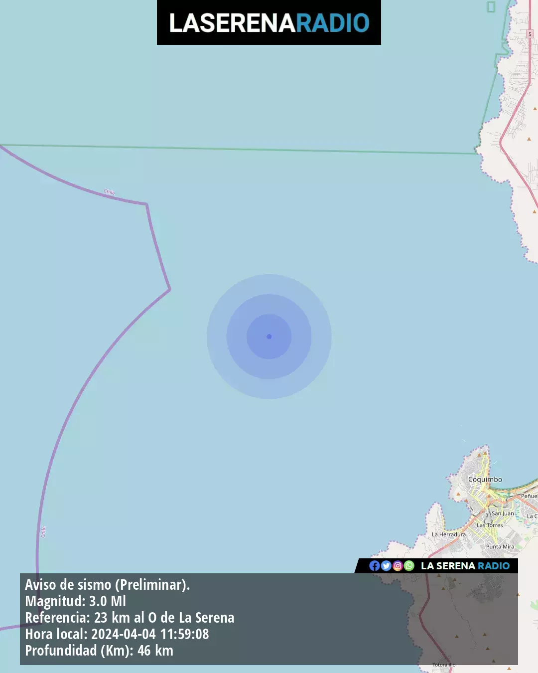 Sismo de menor intensidad a 23 kilómetros al oeste de La Serena