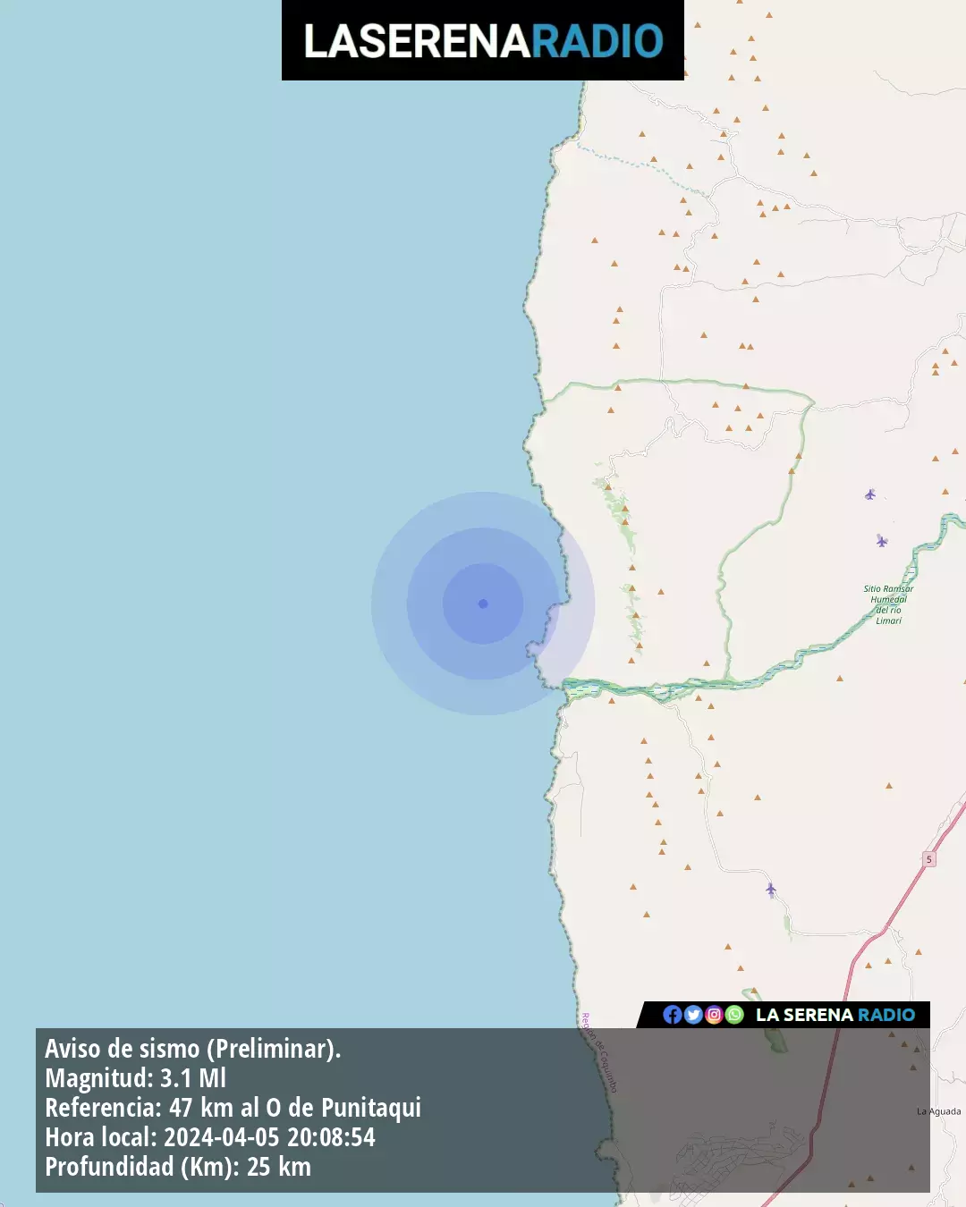 Sismo de menor intensidad a 47 kilómetros al oeste de Punitaqui