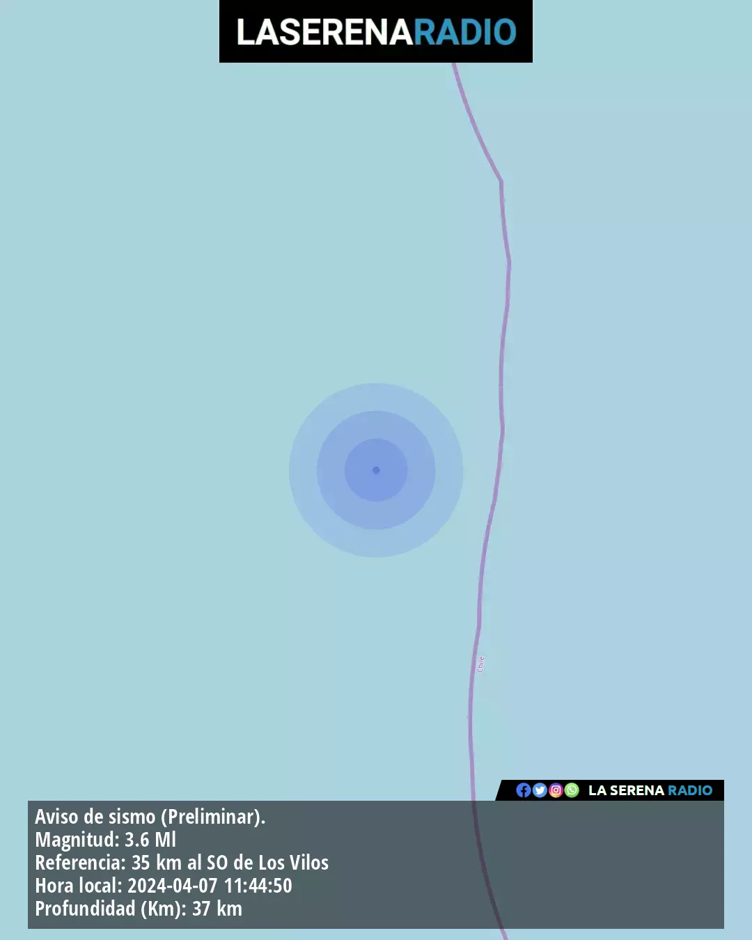 Sismo de menor intensidad a 35 kilómetros al suroeste de Los Vilos