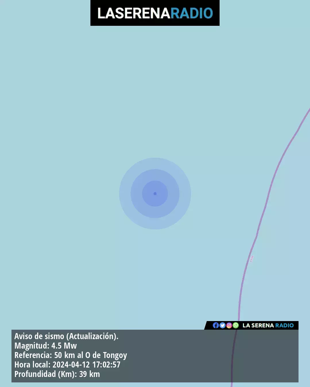 Sismo de mediana intensidad a 50 kilómetros al oeste de Tongoy