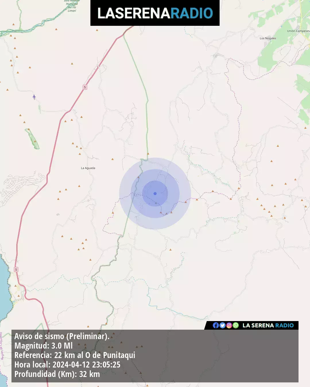 Sismo de menor intensidad a 22 kilómetros al oeste de Punitaqui