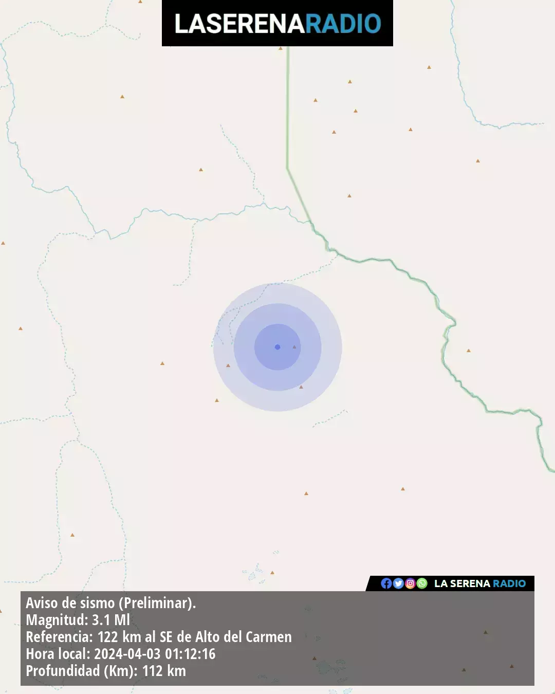 Sismo de menor intensidad a 122 kilómetros al sureste de Alto del Carmen