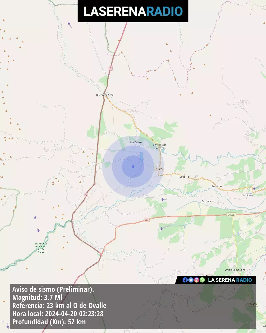 Sismo de menor intensidad a 23 kilómetros al oeste de Ovalle