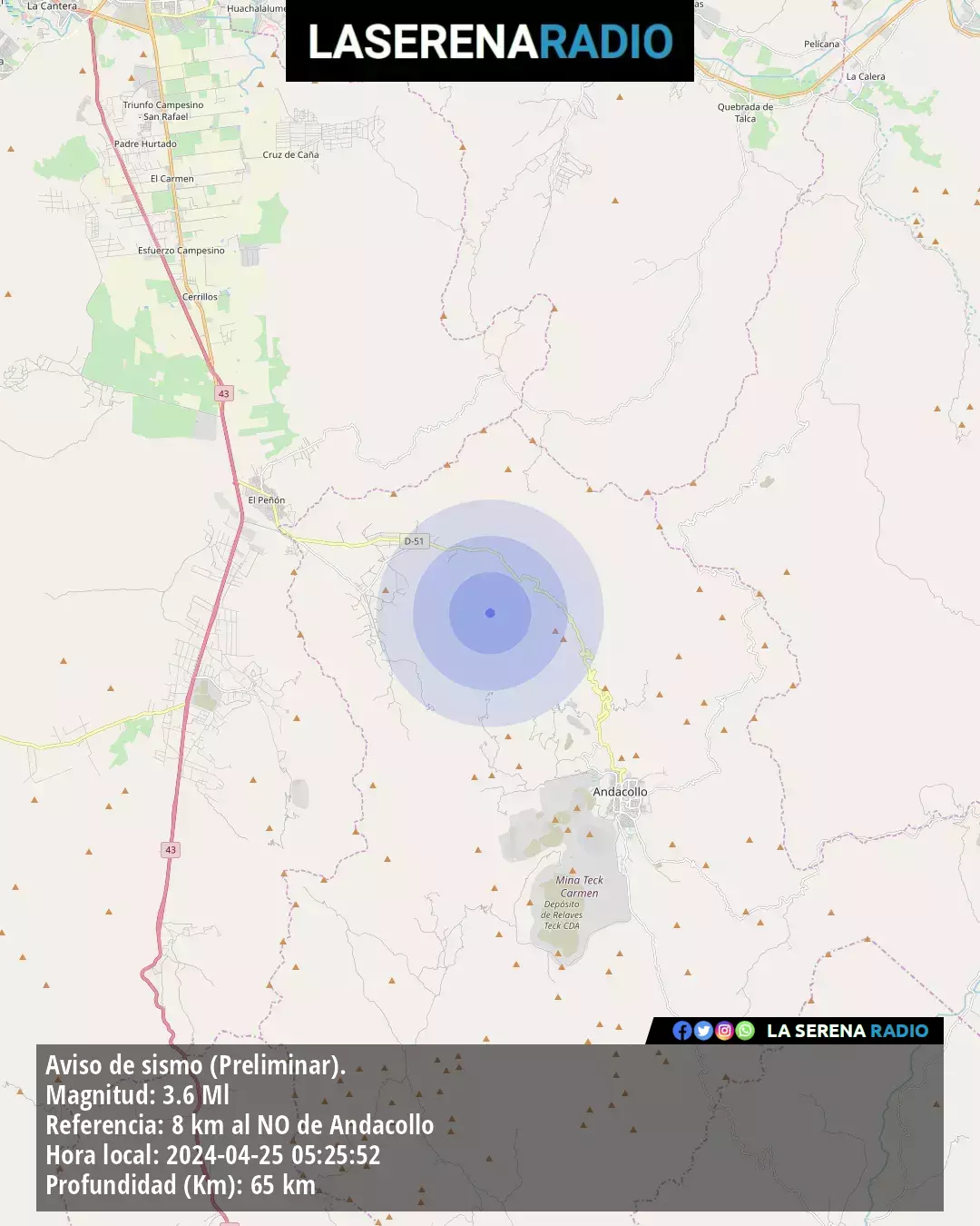 Sismo de menor intensidad a 8 kilómetros al noroeste de Andacollo