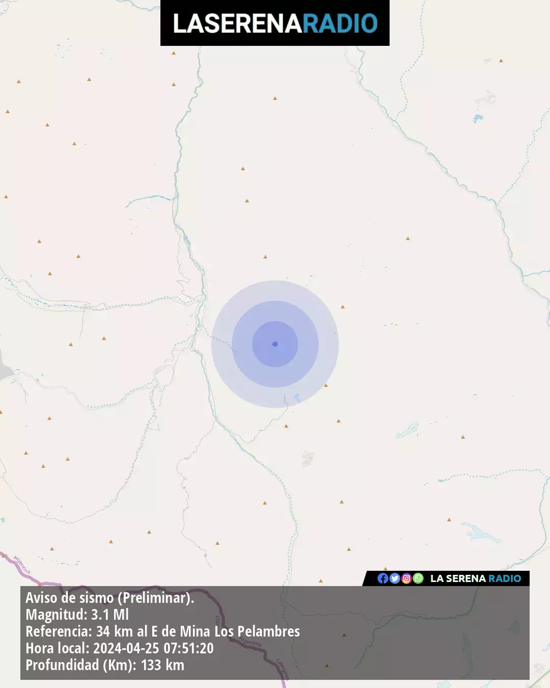 Sismo de menor intensidad a 34 kilómetros al este de Mina Los Pelambres