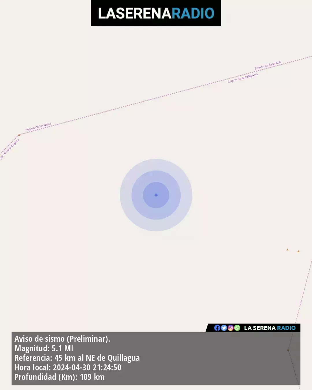 Sismo de mediana intensidad a 45 kilómetros al noreste de Quillagua