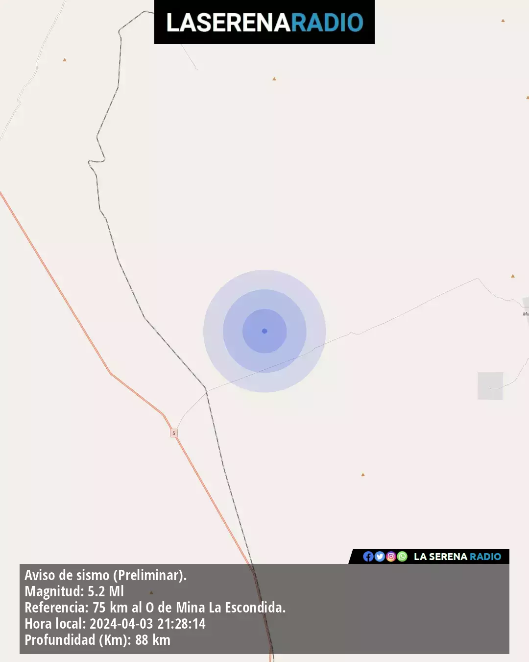 Sismo de mediana intensidad a 75 kilómetros al oeste de Mina La Escondida.