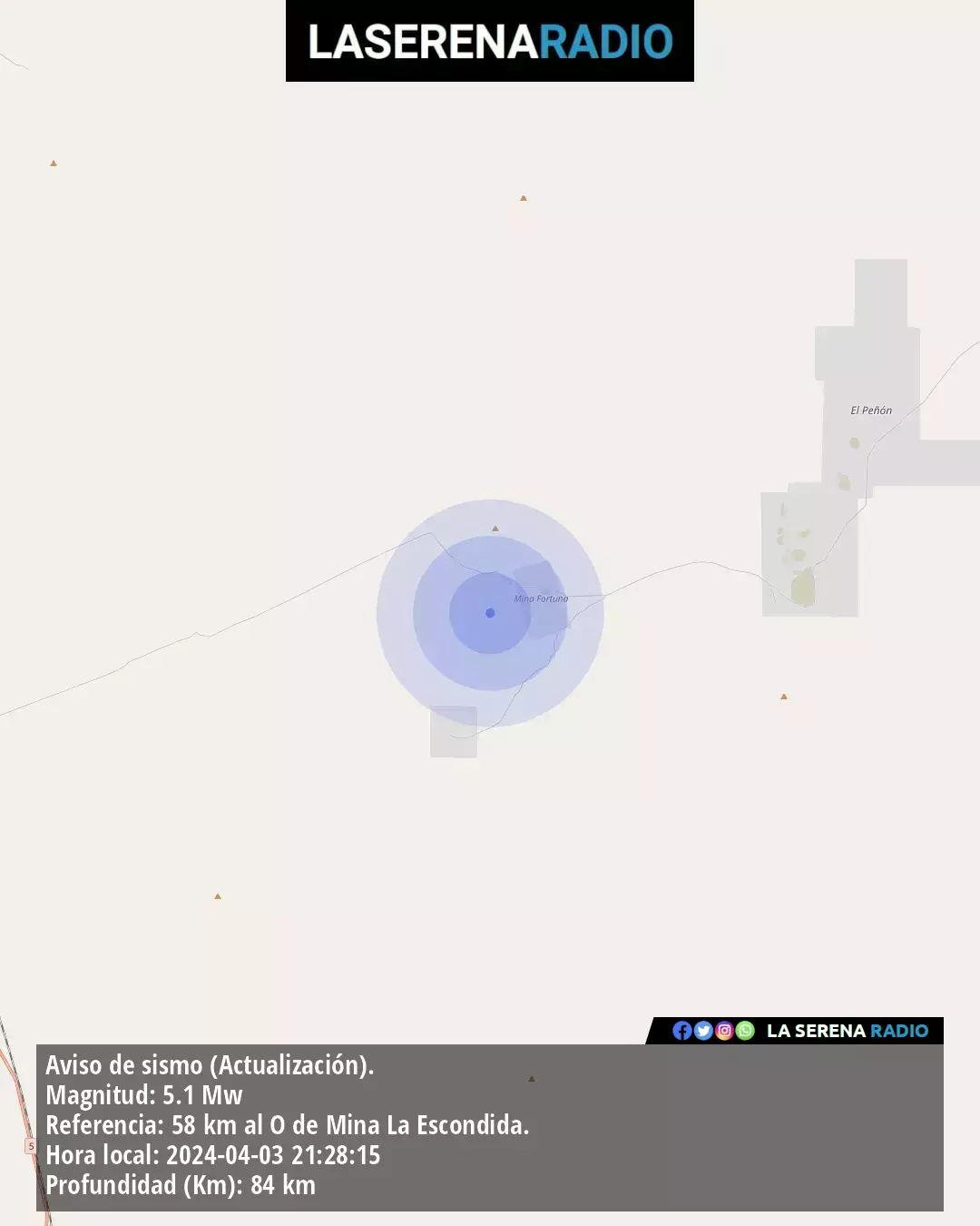 Sismo de mediana intensidad a 58 kilómetros al oeste de Mina La Escondida.